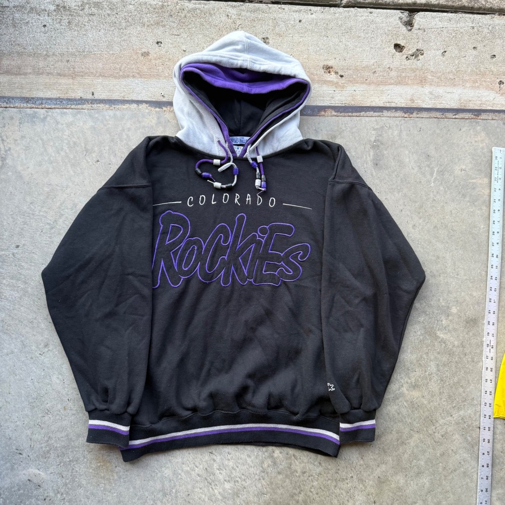 Vintage Starter Colorado Rockies MLB Hoodie Black Purple Triple Hood Mens Large